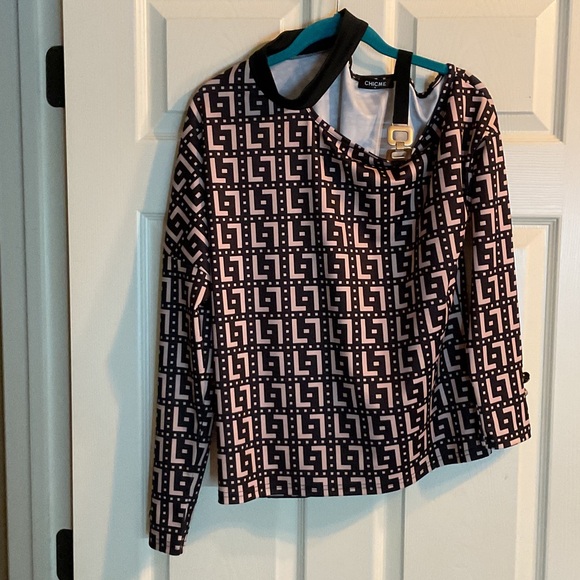 Geometric Black and Pink Blouse with Button Accents - Picture 1 of 3